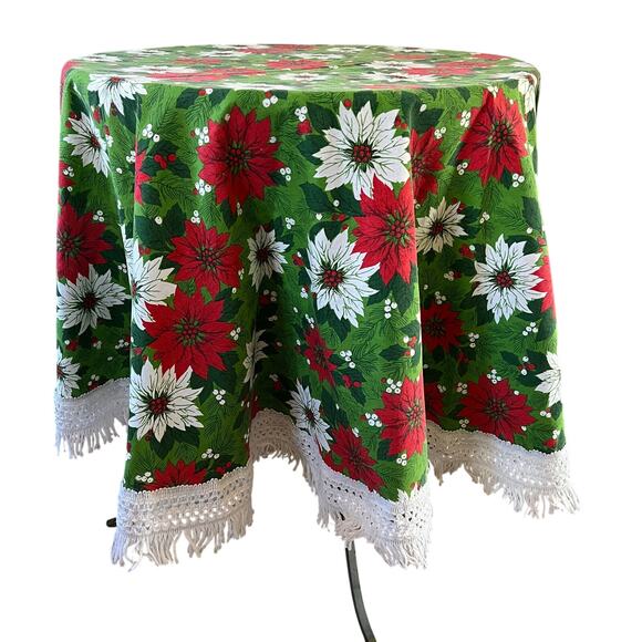 MCM Christmas poinsettia 66" round tablecloth w fringe vintage linens classic - Picture 1 of 5